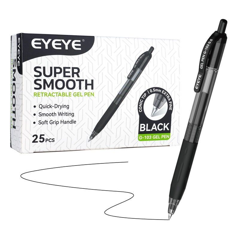 EYEYE أقلام جيل قابلة للسحب EYEYE G-103 سوداء 0.5 مم، عبوة 25 قلم، أقلام حبر جيل ذات نقطة دقيقة تجف بسرعة، قلم حبر جاف 0.5 مم كتابة سلسة لمستلزمات المكتب والمدرسة - Image 1