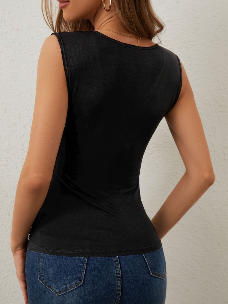 Women Elegant Cross Pleated Rhinestone Sleeveless Vest Top Slim Fit Blouse - Image 2