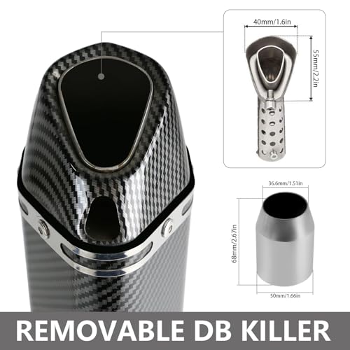 PACEWALKER Exhaust Muffler Carbon Fiber 1.5-2"Inlet with Removable DB Killer for Street/Sport Motorcycles and Scooters with 38-51mm Diameter Exhaust Pipes - Image 3
