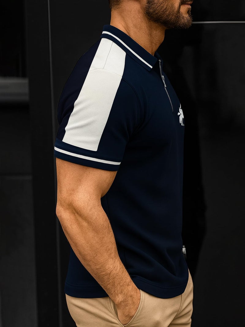 Jump Cuts Mens Polo Neck Half Sleeve Navy & White Cottonblend Slim Fit T-Shirt - Image 2