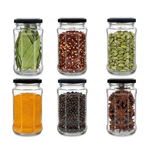 CROCO JAR Transparent Glass Containers for Kitchen 500ml, Air Tight Black Lid Glass Jar For Herbs, Foods, Jams, Liquid, Small Spice Jars - 500 ml Glass Pickle Jar | Pack Of 6 - Image 1