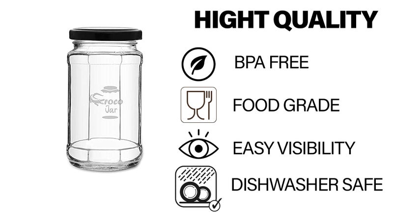CROCO JAR Transparent Glass Containers for Kitchen 500ml, Air Tight Black Lid Glass Jar For Herbs, Foods, Jams, Liquid, Small Spice Jars - 500 ml Glass Pickle Jar | Pack Of 6 - Image 4