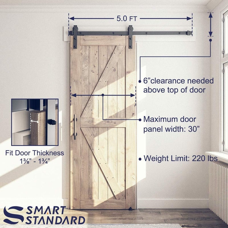 SMARTSTANDARD 5FT Sliding Barn Door Hardware Whole Kit (Include 5ft Track Kit & Pull Handle Set & Floor Guide), Smoothly and Quietly, Easy to Install, Fit 30" Wide Door Panel (J Shape) - Image 3