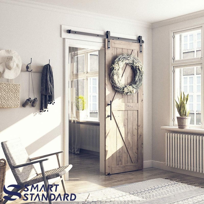 SMARTSTANDARD 5FT Sliding Barn Door Hardware Whole Kit (Include 5ft Track Kit & Pull Handle Set & Floor Guide), Smoothly and Quietly, Easy to Install, Fit 30" Wide Door Panel (J Shape) - Image 2
