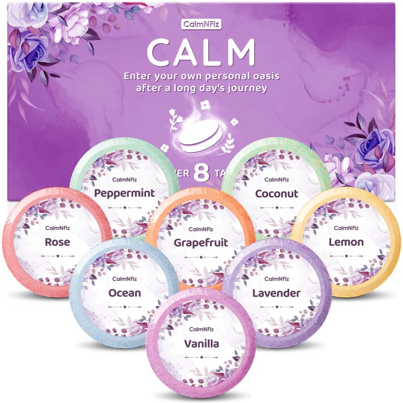 CalmNFiz أقراص بخار الاستحمام CalmNFiz 8 عبوة - عطور أساسية عضوية وطبيعية للمراهقين والبالغين - هدايا صغيرة لعيد الميلاد، هدايا للنساء اللواتي لديهن كل شيء - Image 1