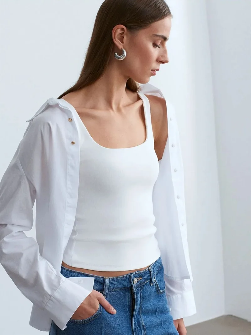 Dilvin Dilvin Ribbed Square-neck Sleeveless Blouse