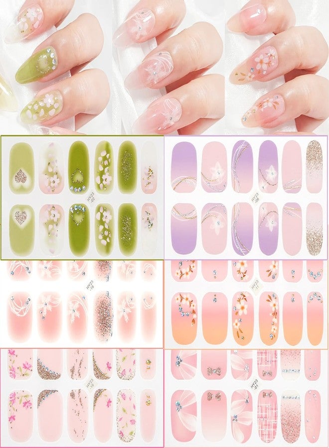 KRTBKR 6 Sheets Semi Cured Gel Nail Strips Stickers Flower Nail Wraps Nail Polish Strips Solid Color Nail Polish Spring Floral Gloss Nail Wraps Supplies Full Wrap Nail Polish Decals for Women Manicure Tips - Image 1