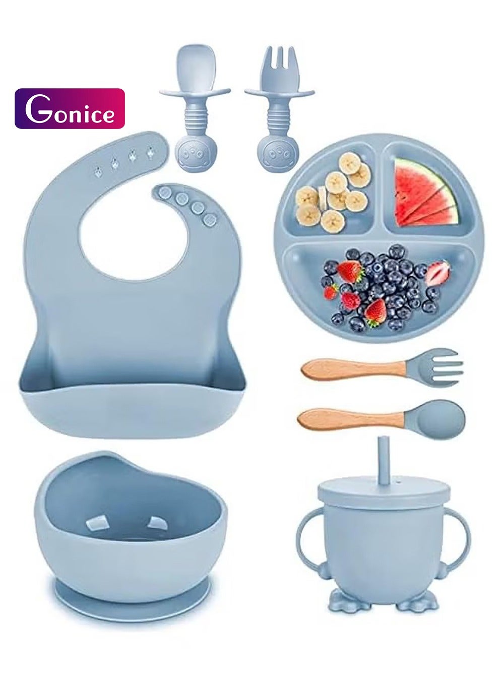 Baby Weaning Set, 8PCS Silicone Baby Plate with Suction Cup, Spoon, Fork & Sippy Cup, Baby Tableware - Baby Dinnerware Set, Baby Gifts & Presents (Blue)