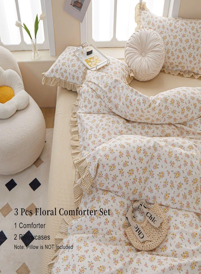 EAVD French Garden Style Ruffled Floral Comforter Set Twin XL Fluffy Soft Microfiber Chic Shabby Pink Yellow Floral Bedding Set with 2 Pillowcases Fresh Botanical Comforter Set for All-Season - Image 4