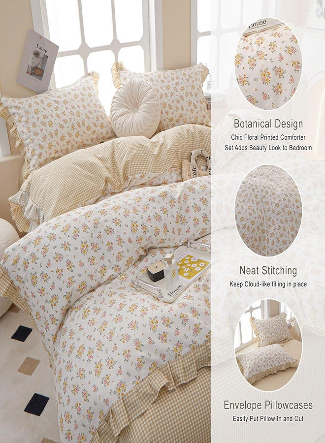 EAVD French Garden Style Ruffled Floral Comforter Set Twin XL Fluffy Soft Microfiber Chic Shabby Pink Yellow Floral Bedding Set with 2 Pillowcases Fresh Botanical Comforter Set for All-Season - Image 3
