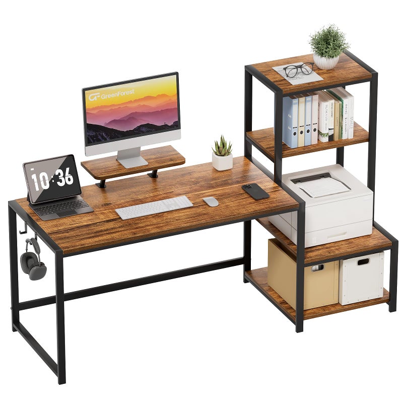 GreenForest Computer Desk 58 inch with Printer Shelf Reversible Office Desk with Monitor Stand and 2 Hooks Home Workstation for Study Writing Working Gaming Brown