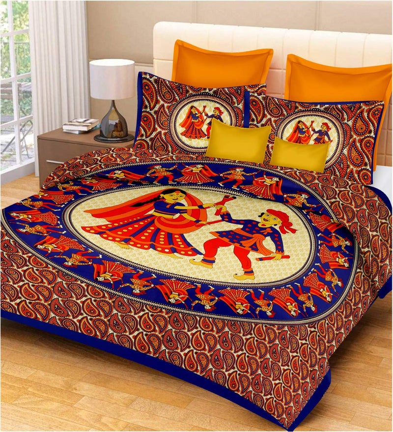 E Elma 100% Pure Cotton Rajasthani Tradition King Size Jaipuri Double Bedsheets with 2 Pillow Covers (Jaipuri Bedspreads) - Image 1