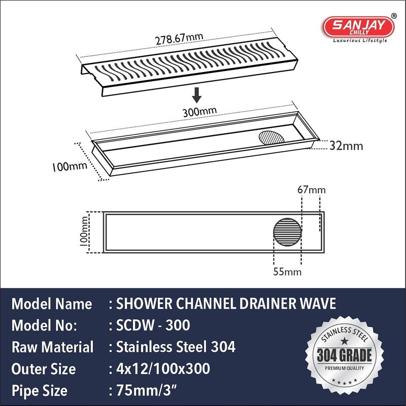 Sanjay Chilly Shower Channel Drainer Stainless Steel 304 Grade Waste Water Floor Drain Strainer with Collar Cockroach Trap Bathroom Gratings Anti Odor Wave Side Hole 36x4 INCH - Image 3