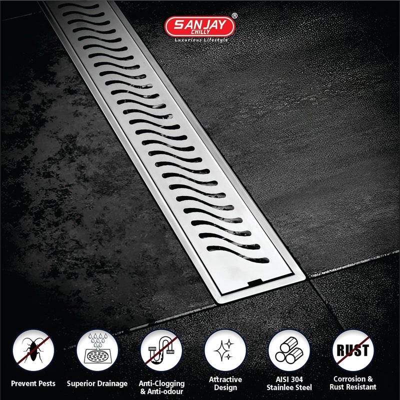 Sanjay Chilly Shower Channel Drainer Stainless Steel 304 Grade Waste Water Floor Drain Strainer with Collar Cockroach Trap Bathroom Gratings Anti Odor Wave Side Hole 36x4 INCH - Image 2