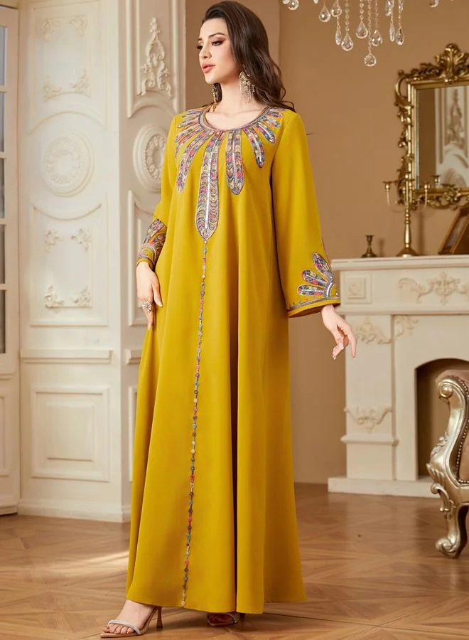 Take Two Mustard Women Sequin Panel Long Sleeve Jalabiya for Women | Best Price UAE