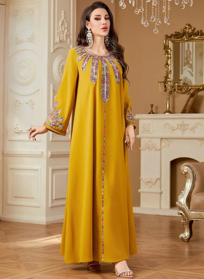 Take Two Mustard Women Sequin Panel Long Sleeve Jalabiya for Women | Best Price UAE