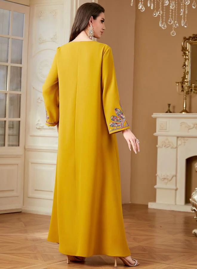 Take Two Mustard Women Sequin Panel Long Sleeve Jalabiya for Women | Best Price UAE