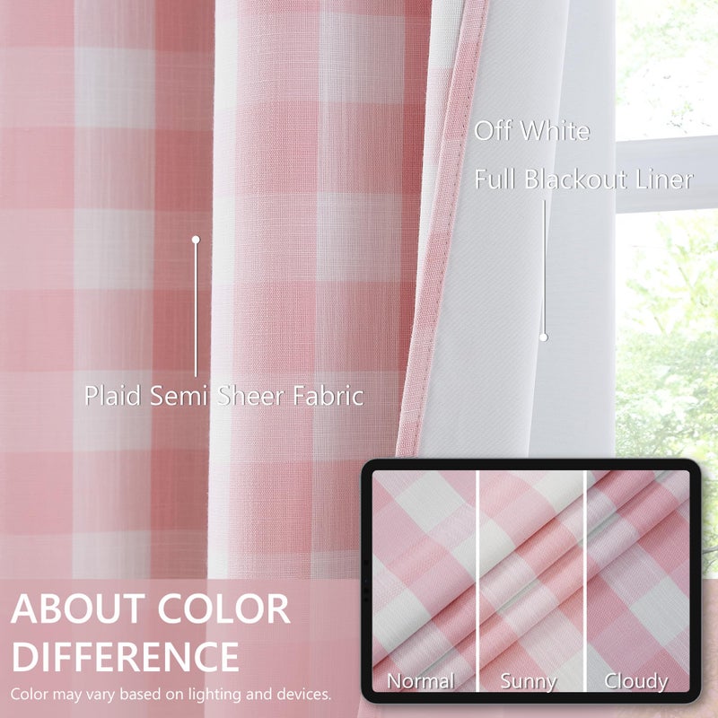 Amzdecor Pink White Buffalo Plaid Full Blackout Curtains 84 Inch for Girls Room Bedroom Nursery Living Room Farmhouse Check Drapes Thermal Insulated Soundproof Grommet Window Treatment,2Panels,40"x84" - Image 4