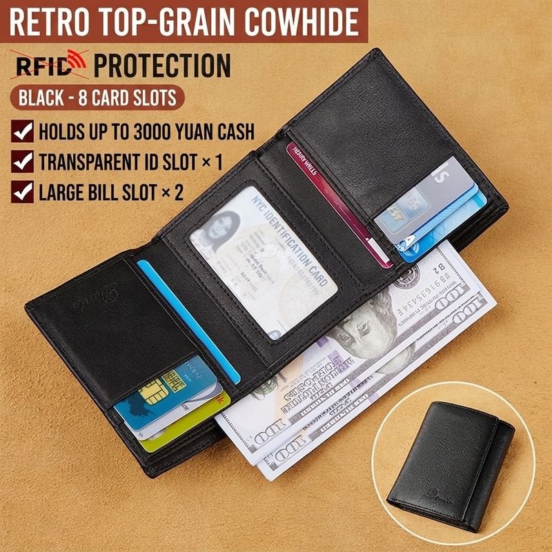 Dante Vintage Three-Fold Genuine Leather Men's Wallet Anti-Theft RFID Blocking Multi-Card Slot Large Capacity - Image 3