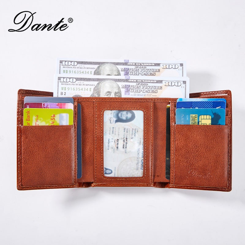 Dante Vintage Three-Fold Genuine Leather Men's Wallet Anti-Theft RFID Blocking Multi-Card Slot Large Capacity - Image 5