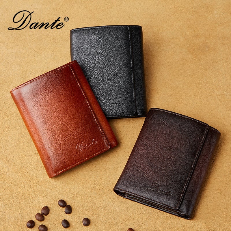 Dante Vintage Three-Fold Genuine Leather Men's Wallet Anti-Theft RFID Blocking Multi-Card Slot Large Capacity - Image 2
