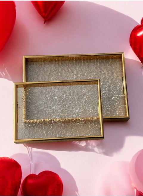 2-Piece Rectangular Wood and Glass Serving Tray Set