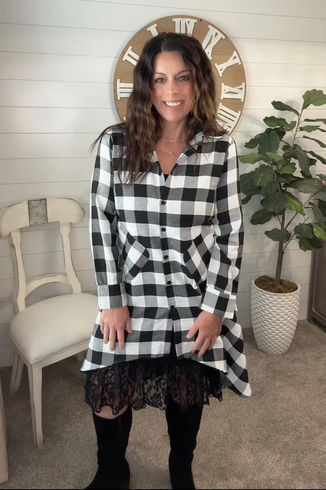 olrain Womens Plaids V Neck Long Sleeve Irregular Hem Casual Shirt Dress (Large, White) - Image 4