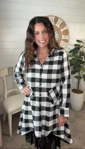 olrain Womens Plaids V Neck Long Sleeve Irregular Hem Casual Shirt Dress (Large, White) - Image 5