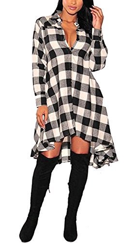 olrain Womens Plaids V Neck Long Sleeve Irregular Hem Casual Shirt Dress (Large, White) - Image 1