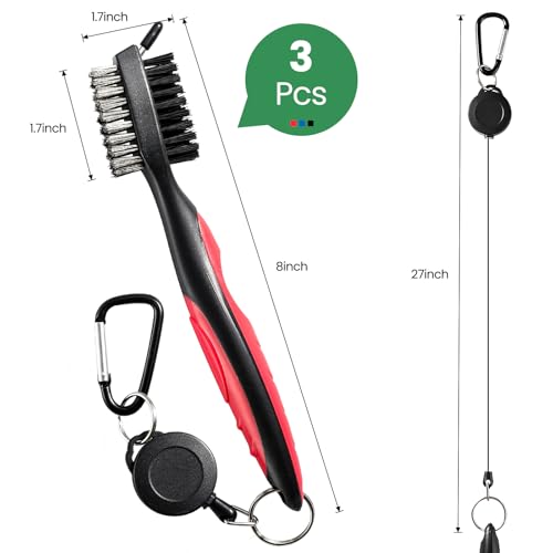 POIKSHARK 3 Pack Golf Club Brush and Club Groove Cleaner with Retractable Zip-line and Aluminum Carabiner Cleaning Tools , Golf Accessories, Golf Gifts for Men , Golf Ball Cleaner, Easily Attaches to Golf Bag - Image 2