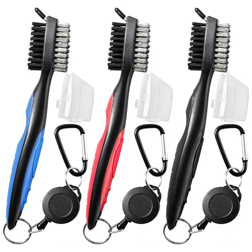 POIKSHARK 3 Pack Golf Club Brush and Club Groove Cleaner with Retractable Zip-line and Aluminum Carabiner Cleaning Tools , Golf Accessories, Golf Gifts for Men , Golf Ball Cleaner, Easily Attaches to Golf Bag - Image 1