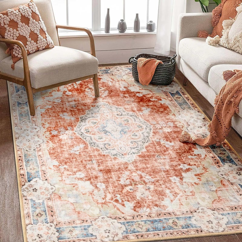 MUJOO Boho Rug 4x65 Area Rugs for Bedroom Living Room Dining Room Small Rugs Machine Washable Carpet for Office Dorm Bedside Kitchen Laundry Room Accent Soft LowPile Floral Orange