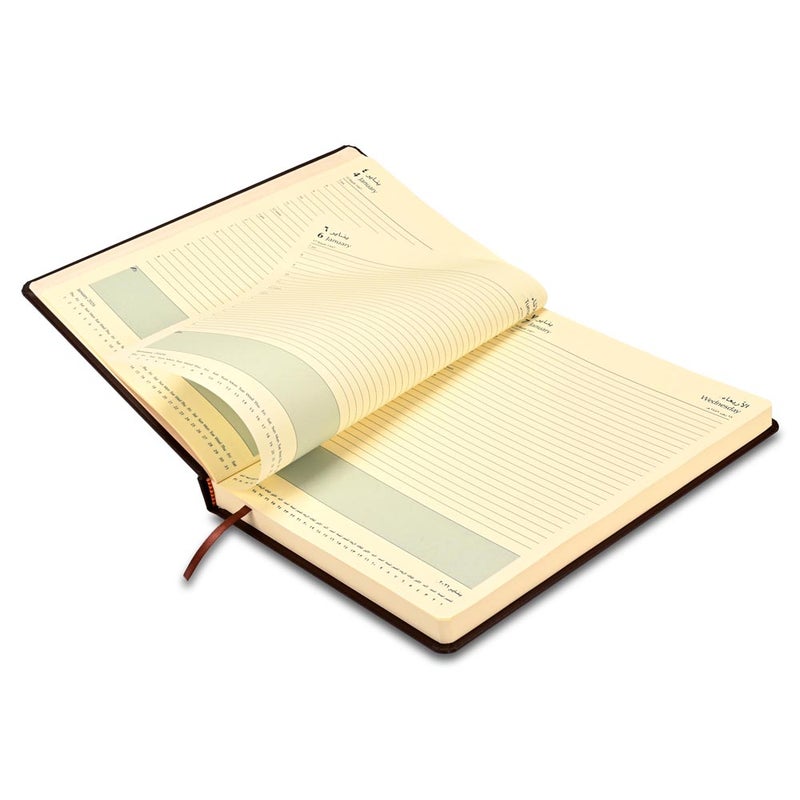 FIS مفكرة FIS 2026 A4، 210x297 مم، غلاف إيطالي PU مبطن من جانب واحد، زوايا مدورة، تنسيق يوم واحد في الصفحة، عربي/إنجليزي، ورق إيطالي عاجي 70 جرام، غلاف بني داكن - FSDI45AE26DBR - Image 4