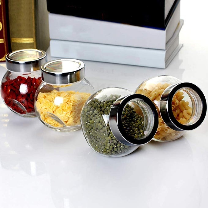 SET OF 4 SPICE GLASS STORAGE JARS FOR KITCHEN STORAGE CONTAINERS FOR MASALA, DRY FRUITS, MOUTH FRESHENERS STORAGE JAR AND CONTAINER WITH RUST PROOF AIR TIGHT STAINLESS STEEL LID (200ML, SET OF 4)