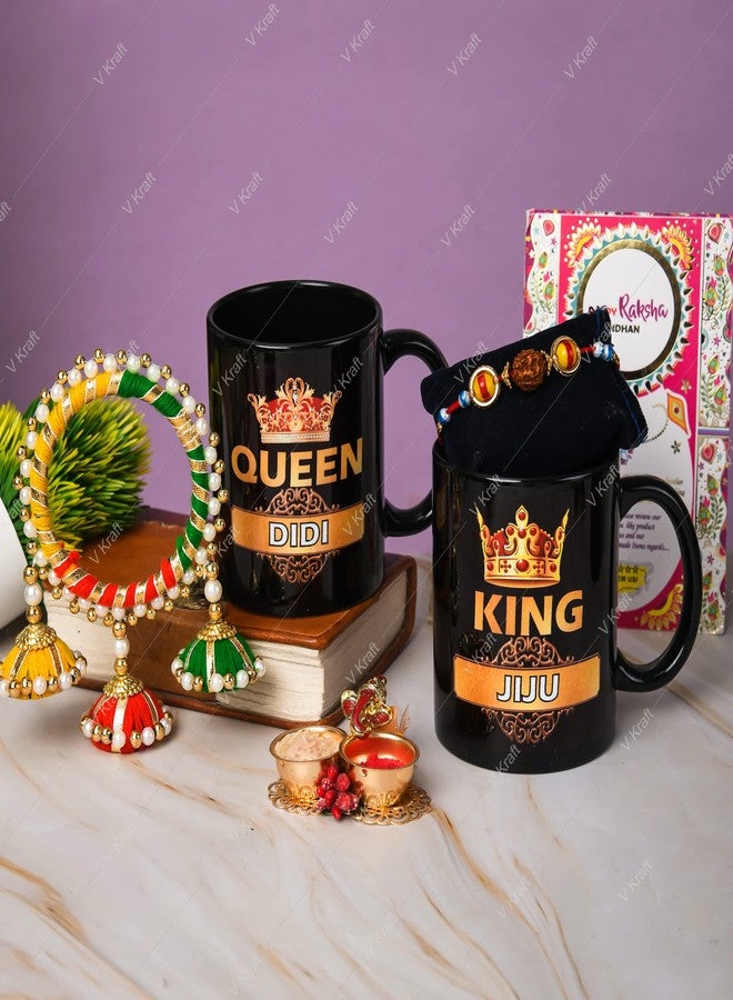 V Kraft "King JIJU Queen DIDI Printed Black Color Coffee Mug with Designer Rakhi for didi jiju with roli chawal and Rakhi Special Wishes Card |330 ml (Black 02) - Image 1