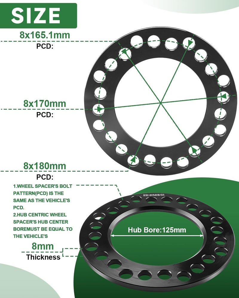 EZISOE 4pcs Black Forged Wheel Spacers 8x6.5 8x165.1 8x170 8x180, 8mm Thickness, 125mm Hub Bore - Image 2