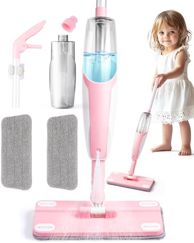 Yeeammk Pink Mini Spray Mop for ToddlerGirls Montessori Cleaning Toy that Real Spray WaterPretend Playhouse Essentials for Girls Ages 38Toddler Educational Housekeeping Set - Image 1