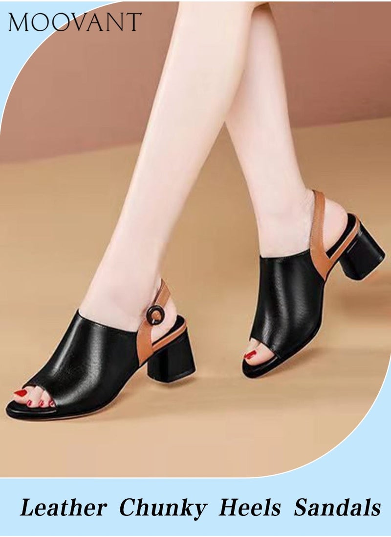 Moovant Women's Chunky Heeled Sandals, Amy Slingback, Block Heel, Peep Toe Sandal, Classic Mid Heel Pumps, Summer Heeled Shoes for Women Ladies, Black/Brown  - Image 1