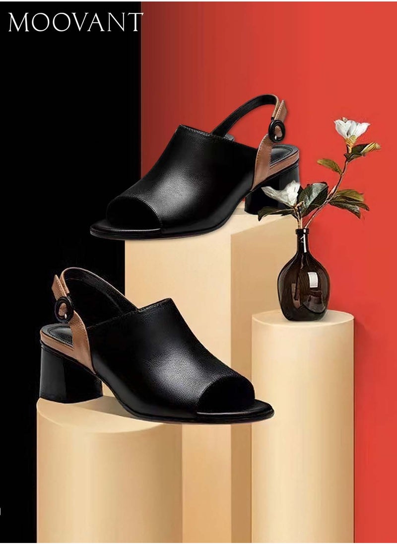 Moovant Women's Chunky Heeled Sandals, Amy Slingback, Block Heel, Peep Toe Sandal, Classic Mid Heel Pumps, Summer Heeled Shoes for Women Ladies, Black/Brown  - Image 3