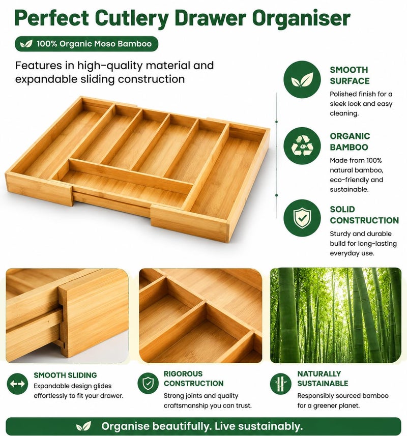 MASS DYNAMIC Cutlery Drawer Organizer Expandable Bamboo Utensil Tray, Adjustable Silverware and Flatware Holder, Compact Storage for Spoons, Forks, Knives - Ideal for Kitchen and Office Supplies - Image 4