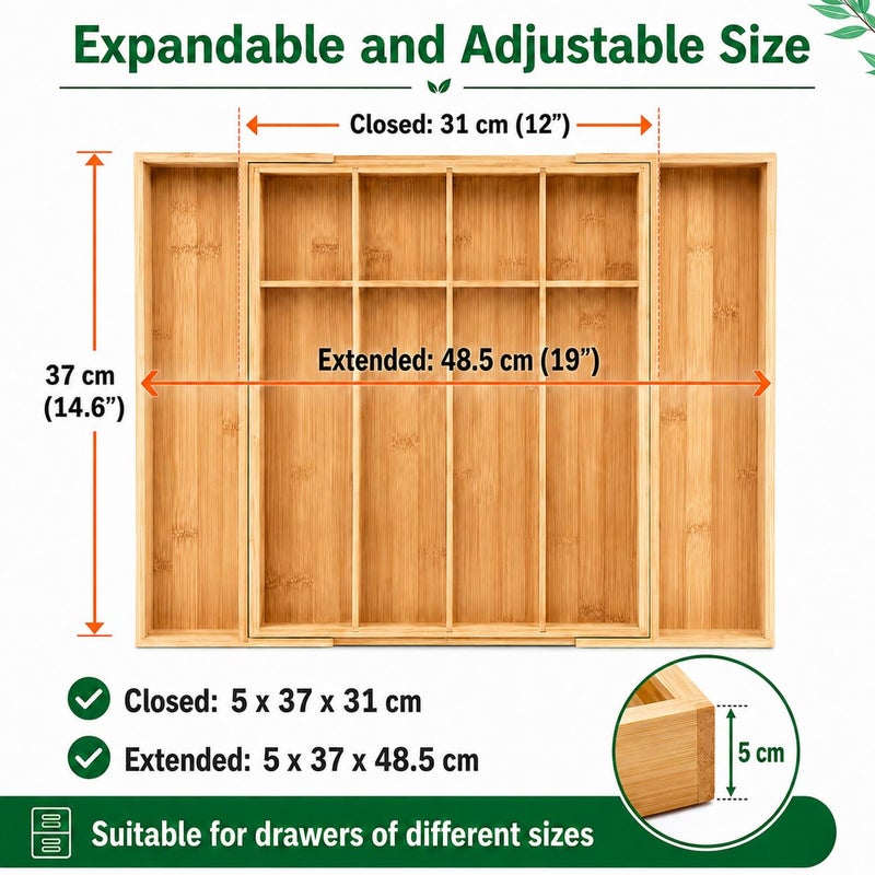 MASS DYNAMIC Cutlery Drawer Organizer Expandable Bamboo Utensil Tray, Adjustable Silverware and Flatware Holder, Compact Storage for Spoons, Forks, Knives - Ideal for Kitchen and Office Supplies - Image 2