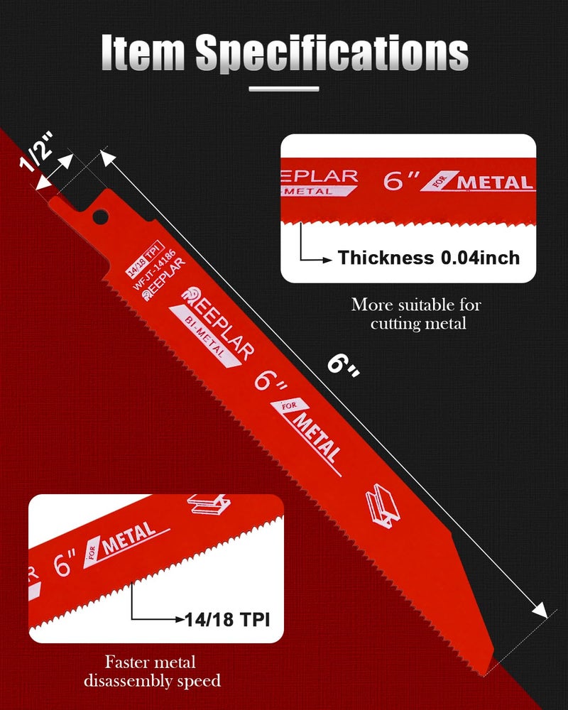 REEPLAR 10 Pack 6 inch 14/18 TPI Bi-Metal Auto Dismantling Sawzall Blade for Metal, 6â€ 18-TPI Reciprocating Saw Blades - Image 3