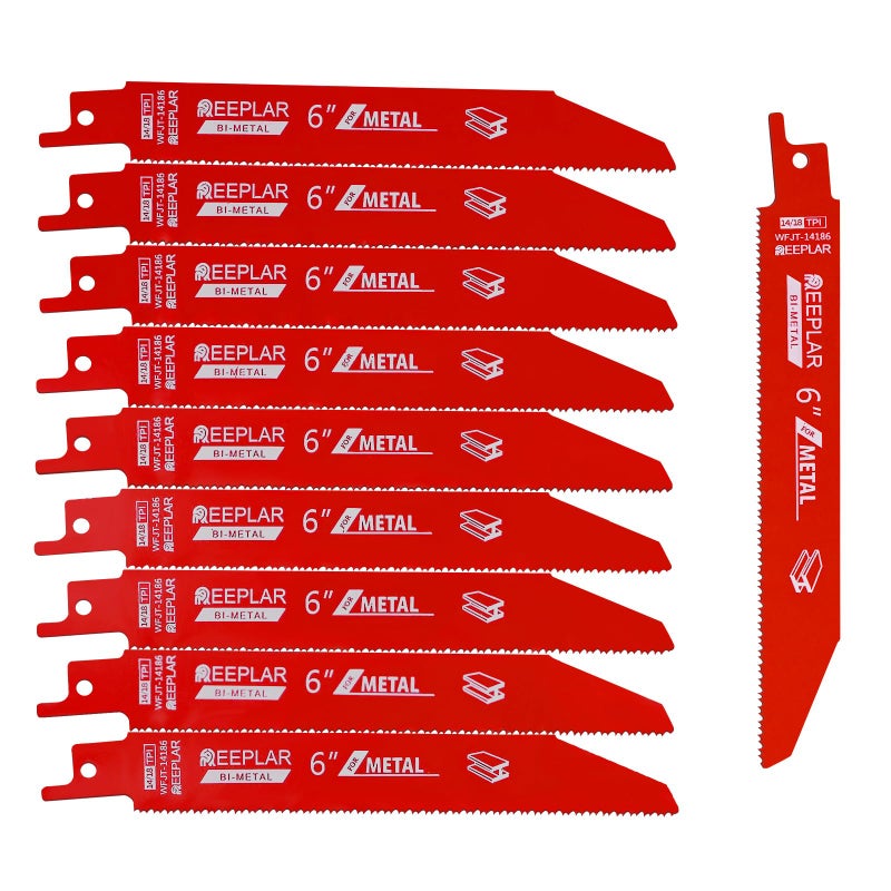 REEPLAR 10 Pack 6 inch 14/18 TPI Bi-Metal Auto Dismantling Sawzall Blade for Metal, 6â€ 18-TPI Reciprocating Saw Blades - Image 1