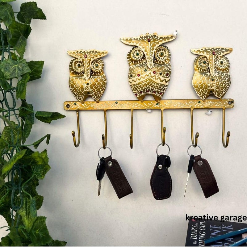 KREATIVE GARAGE KREATIVE GARAGE Vastu 3 Owl Key HolderHeavy Load with 6 Hooks Wall Art Premium Design Keychain Coat and Umbrella Hanger for Entryway Decor Anti Rust Powder Coated Size 35cm x 24cm  - Image 1