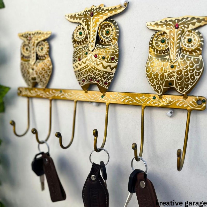 KREATIVE GARAGE KREATIVE GARAGE Vastu 3 Owl Key HolderHeavy Load with 6 Hooks Wall Art Premium Design Keychain Coat and Umbrella Hanger for Entryway Decor Anti Rust Powder Coated Size 35cm x 24cm  - Image 2
