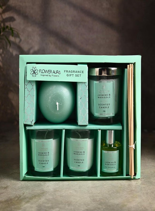 Floweraura سلة هدايا فاخرة من فلاور أورا تحتوي على 4 شموع فريدة معطرة بالياسمين والقطيفة وموزع روائح في صندوق، مناسبة لأعياد الميلاد، والذكرى السنوية، وحفلات الوداع، وحفلات الزفاف، والمناسبات الأخرى، وهدايا الشركات (توصيل في نفس اليوم). - Image 4