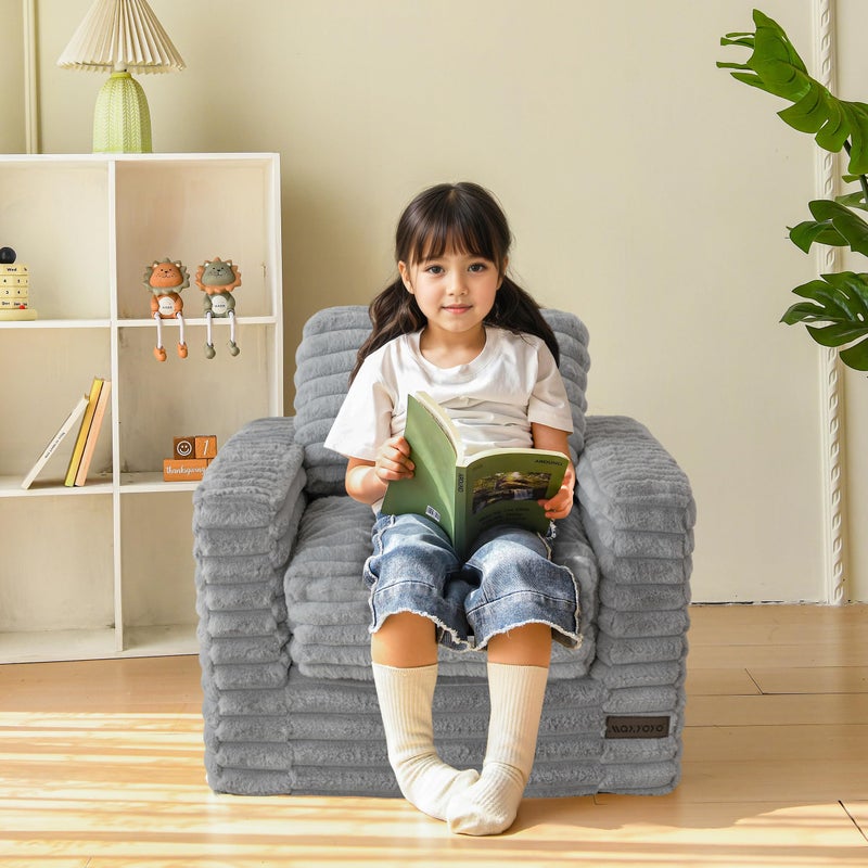 MAXYOYO Kids Bean Bag Chair, Comfy Faux Fur Bean Bag Sofa with Filler, Upholstered Floor Sofa with Pillows and Armrests, Lazy Floor Chair Couch for Boys and Girls, Grey - Image 3