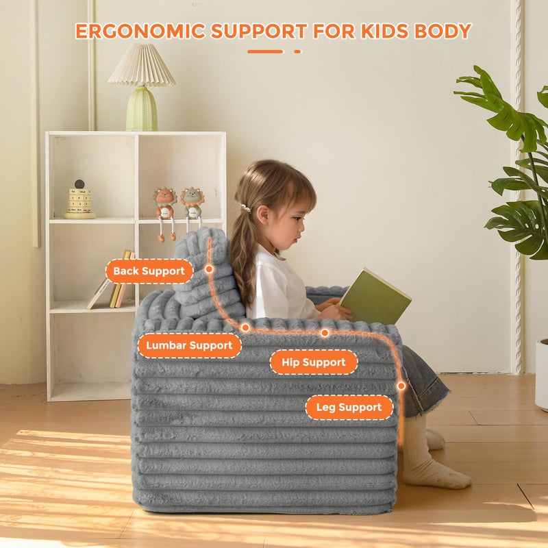 MAXYOYO Kids Bean Bag Chair, Comfy Faux Fur Bean Bag Sofa with Filler, Upholstered Floor Sofa with Pillows and Armrests, Lazy Floor Chair Couch for Boys and Girls, Grey - Image 4