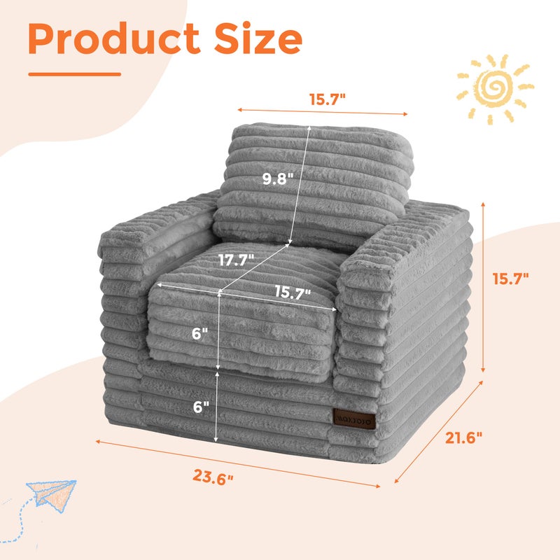 MAXYOYO Kids Bean Bag Chair, Comfy Faux Fur Bean Bag Sofa with Filler, Upholstered Floor Sofa with Pillows and Armrests, Lazy Floor Chair Couch for Boys and Girls, Grey - Image 2