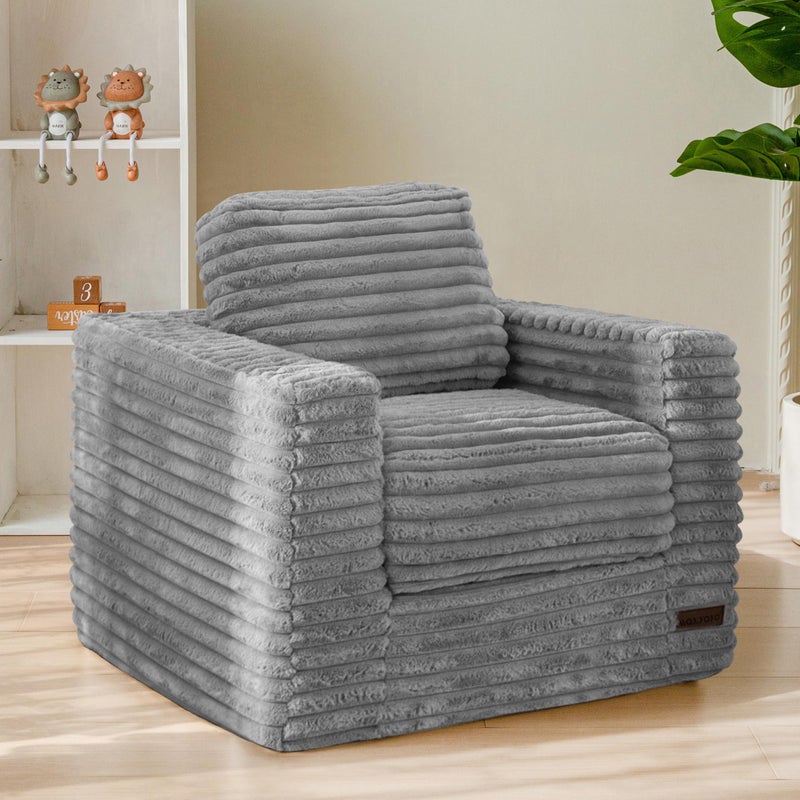 MAXYOYO Kids Bean Bag Chair, Comfy Faux Fur Bean Bag Sofa with Filler, Upholstered Floor Sofa with Pillows and Armrests, Lazy Floor Chair Couch for Boys and Girls, Grey - Image 1